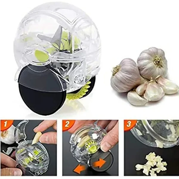 Garlic mincer with a three-step graphic showing loading, closing and minced garlic