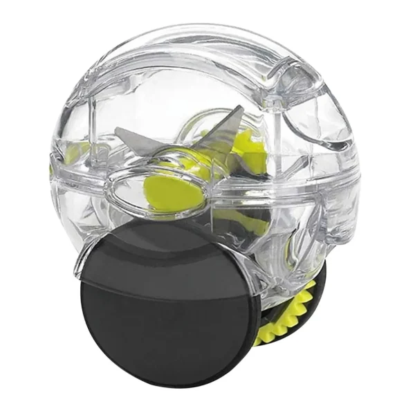 Clear rolling garlic mincer with a black wheel and a yellow-green blade holder