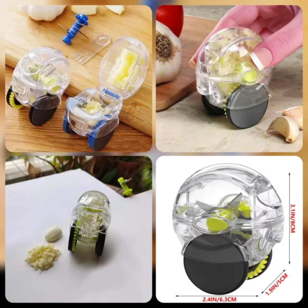 Collage of the garlic mincer in use and with its dimensions on a chopping board
