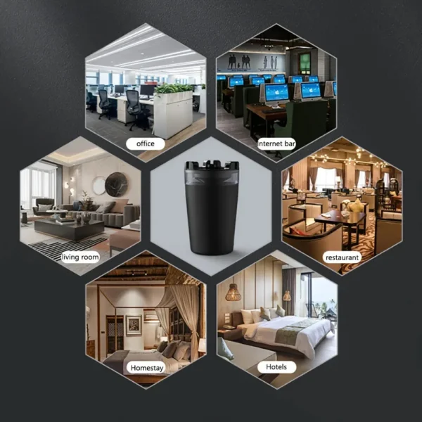 Hexagon collage of the cup-shaped ashtray with office, living room and hotel settings