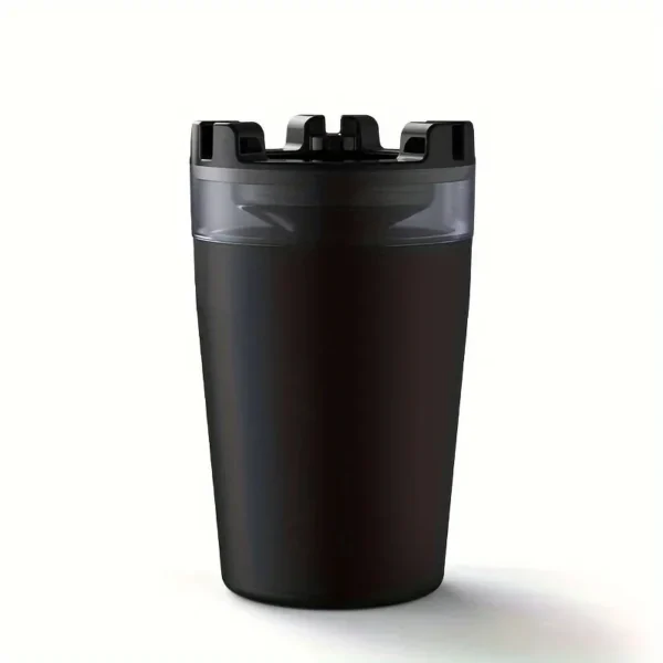 Black cup-shaped ashtray with a notched top ring on a white background
