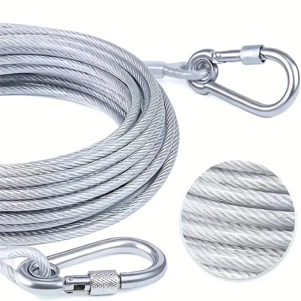 PVC coated stainless steel clothesline rope with a screw lock carabiner, close-up of the wire
