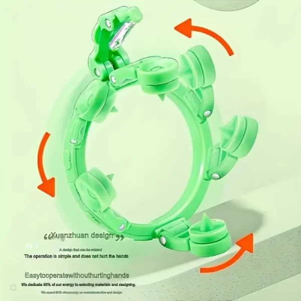 Green rotating apple peeler with arrows showing the ring turning around the fruit