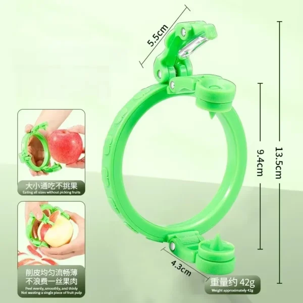 Size diagram of the green rotating apple peeler: 13.5 cm by 9.4 cm, weight about 42 g, with two small photos of it peeling