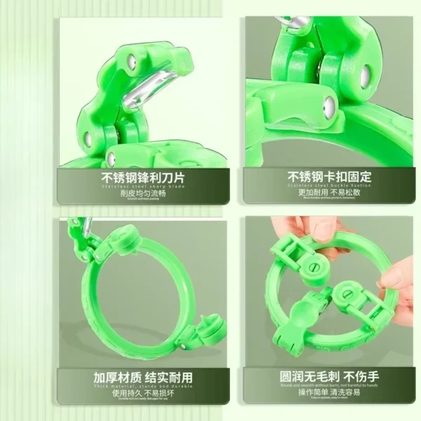 Four close-ups of the green rotating apple peeler: stainless steel blade, steel clasp, thick body and smooth edges