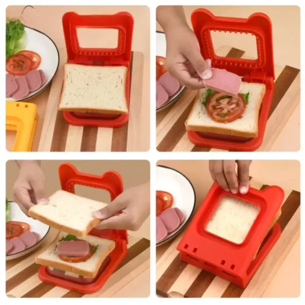 Four steps of making a pocket sandwich with a red hinged cutter and sealer: bread, filling, second slice and pressing