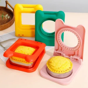 Four hinged sandwich cutter and sealers in yellow, green, orange and pink, with round and square sealed sandwiches