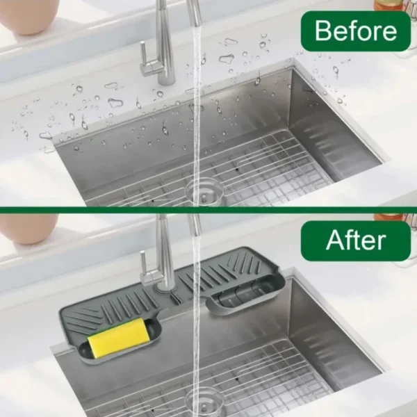 Before and after photos of a sink, water splashes and then a tray holding a yellow sponge