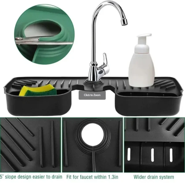 Black silicone tray around a faucet with sponge and soap, plus close-ups of ridges and slits