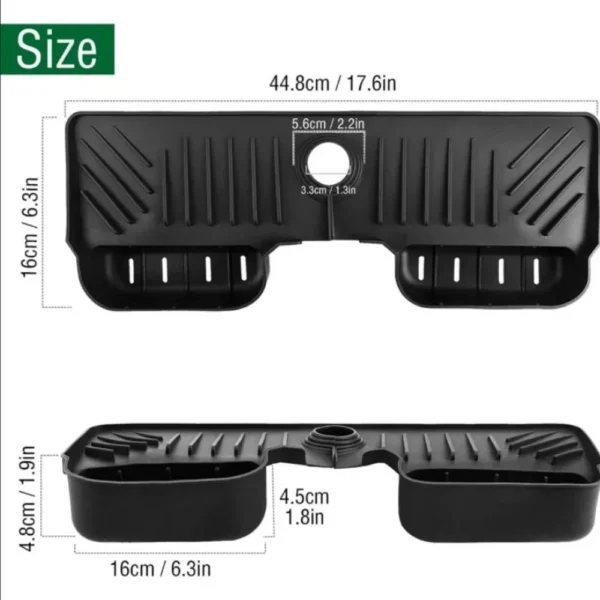 Size diagram of the tray, 44.8 cm long, 16 cm deep and 4.8 cm high, with hole sizes