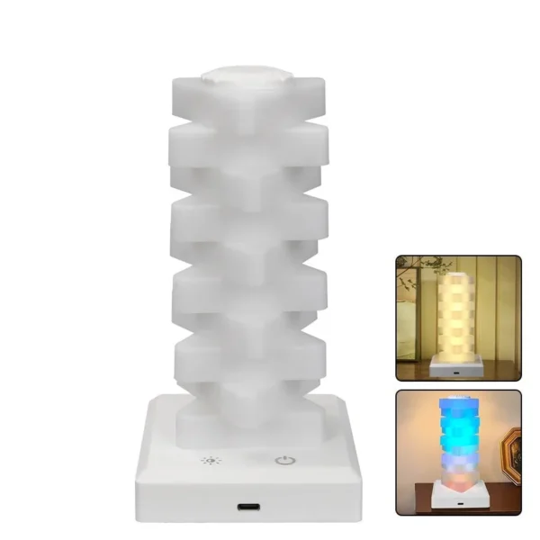 White stacked triangle cube lamp switched off, with two small lit photos