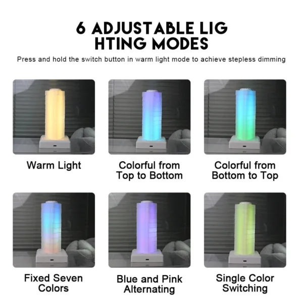 Chart of the six lighting modes: warm light, colour flow, fixed colours, blue and pink, single colour