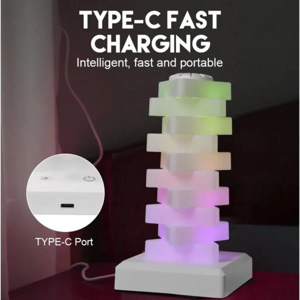 Stacked lamp lit in pastel colours with a close-up of the Type-C charging port