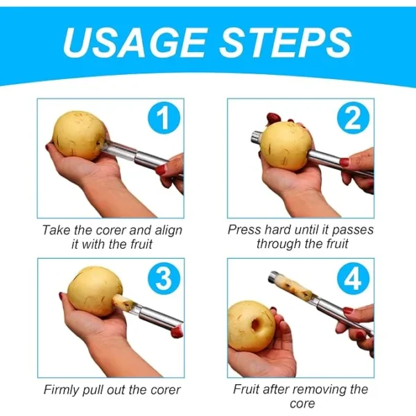 Usage steps graphic showing how to align, press and pull out the corer