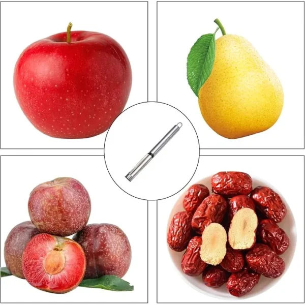 Corer shown with an apple, a pear, plums and dates as suitable fruits