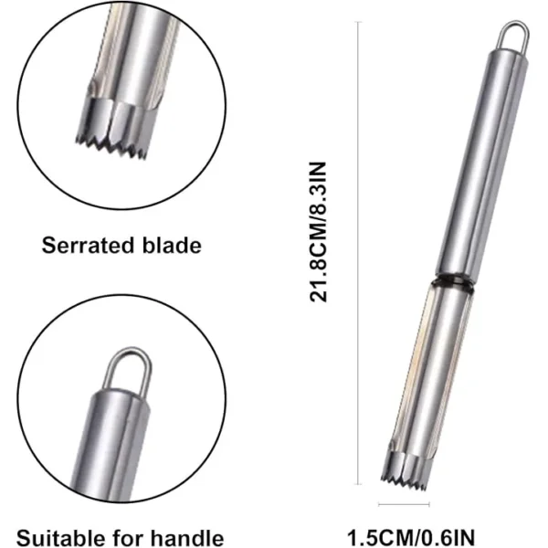 Corer size of 21.8 cm length and 1.5 cm width with serrated blade and loop close-ups