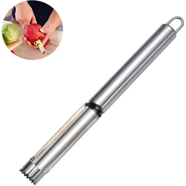 Stainless steel apple corer with a round serrated tip and hanging loop
