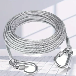 Stainless steel clothesline rope 5 metre with PVC coating and screw hooks coiled on a white floor