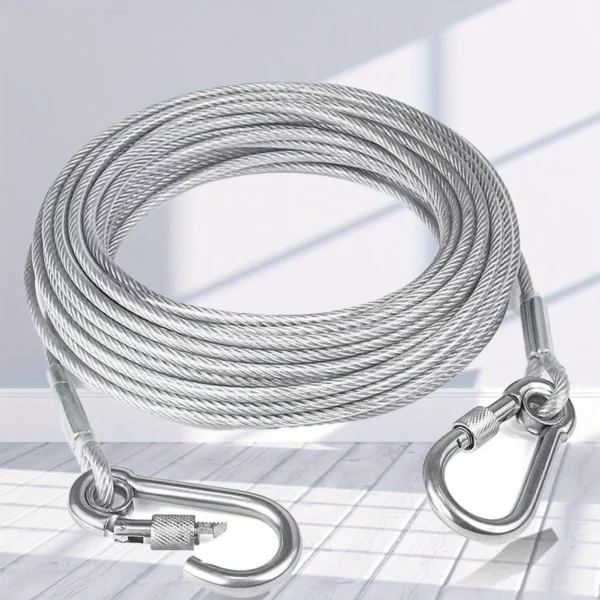 Stainless steel clothesline rope 5 metre with PVC coating and screw hooks coiled on a white floor