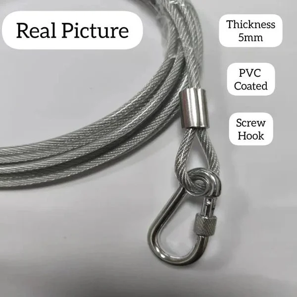 Stainless steel clothesline rope 5 mm thick with PVC coating and a screw hook