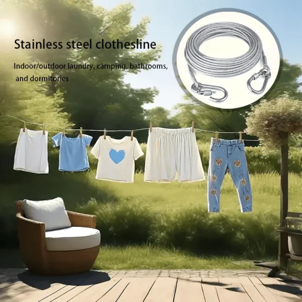 Stainless steel clothesline rope used outdoors to dry shirts, jeans and skirts