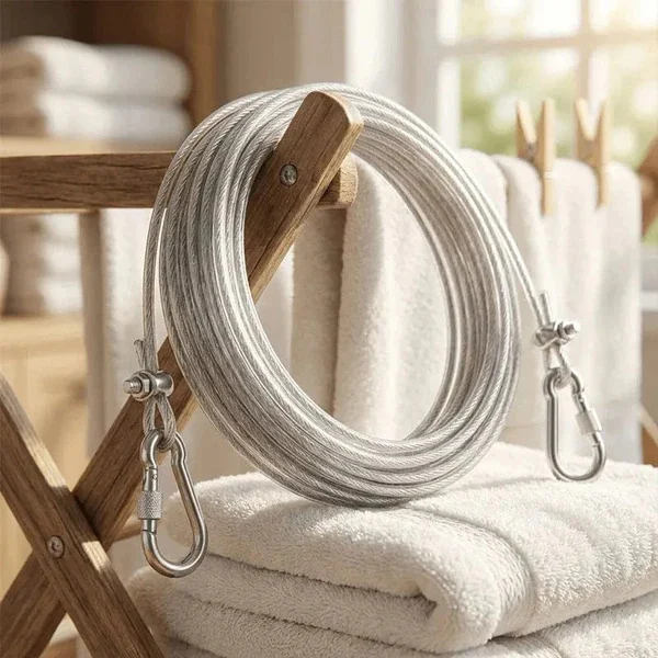 Coiled stainless steel clothesline rope with a hook beside a wooden rack and folded towels