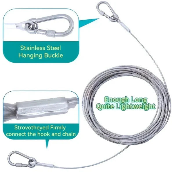Long lightweight stainless steel clothesline rope with stainless steel hanging buckles