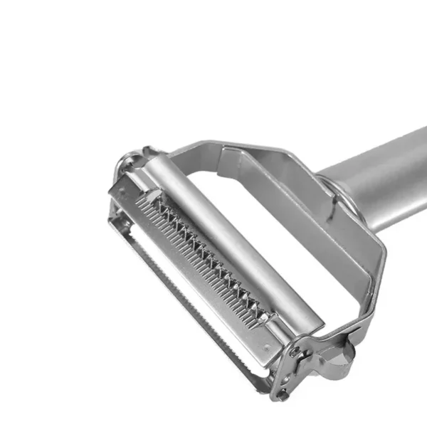 Close-up of the serrated julienne blade and peeling blade of the stainless steel vegetable peeler