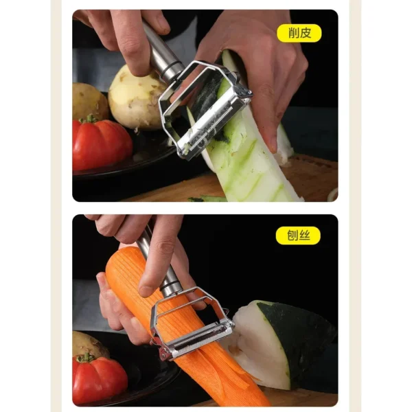 Stainless steel vegetable peeler used for peeling a cucumber and shredding a carrot
