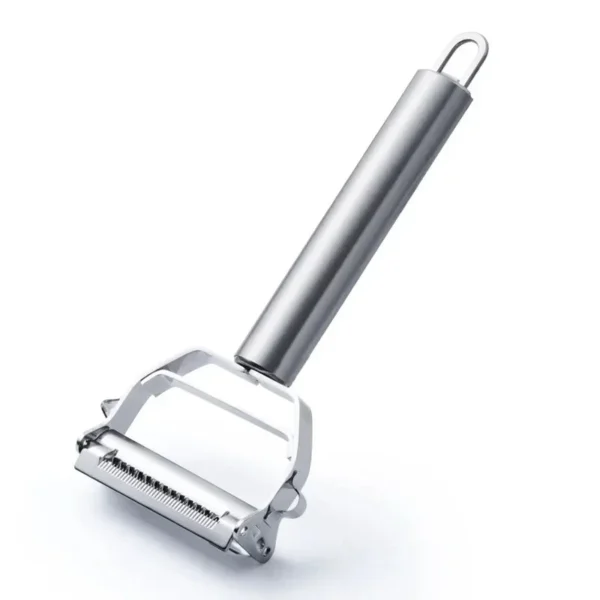Stainless steel vegetable peeler with a hanging loop at the end of the handle on a white background