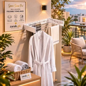 Wall-mounted folding drying rack on a balcony with a bathrobe and towels