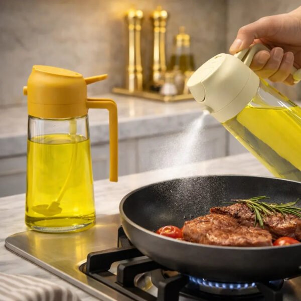 2-in-1 leakproof oil and vinegar dispenser bottle in use on a stove