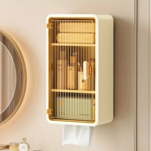 Wall-mounted cosmetics organizer with drawer and tissue box holder