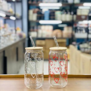 450ml printed iced tea glasses with bamboo lids and straws