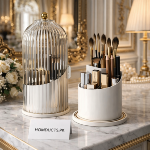 Ribbed dome rotating makeup brush holder with gold knob
