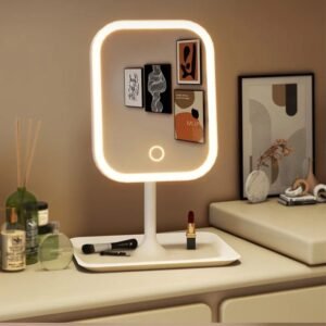 Desktop vanity mirror with 3-color LED light and storage tray base