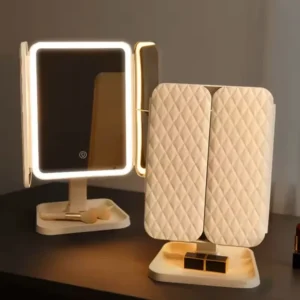 3-fold LED makeup mirror open and closed views showing touch control and quilted back